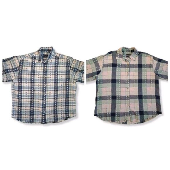 (2) 20W Plaid & Hearts Button Up Pockets Teacher Retro Vintage Short Sleeve Tops - Picture 1 of 9
